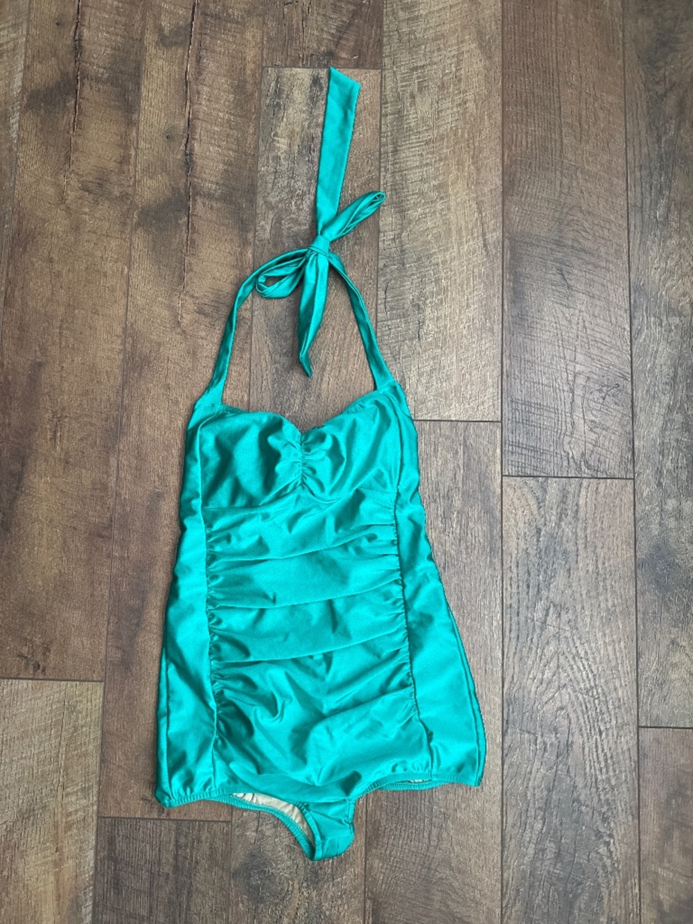 RockSteady Retro Teal Woman’s Peek-a-Boo Back Ties Halter Swimsuit
